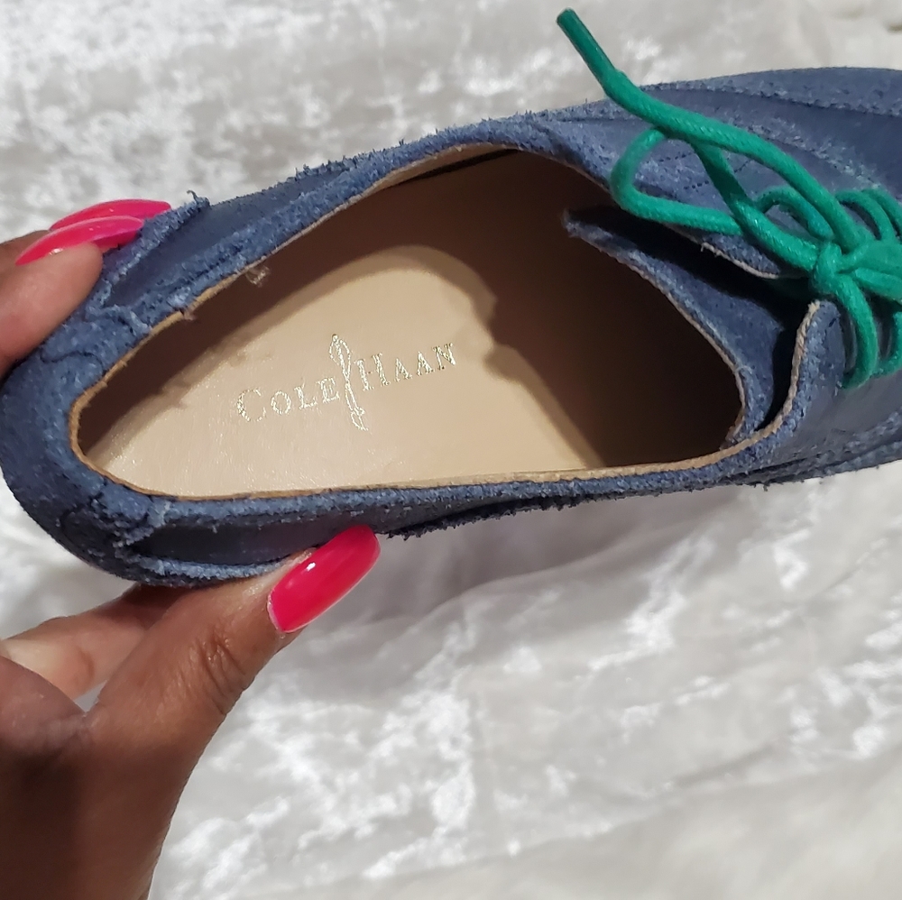 Cole Haan Navy Suede Wingtip Oxfords with Pink Sole and Green Laces - Picture 5 of 8